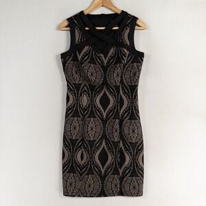 Enfocus Studio Dress Womens Sz 6 Black Tan Geometric Lace Sheath Stretch Party